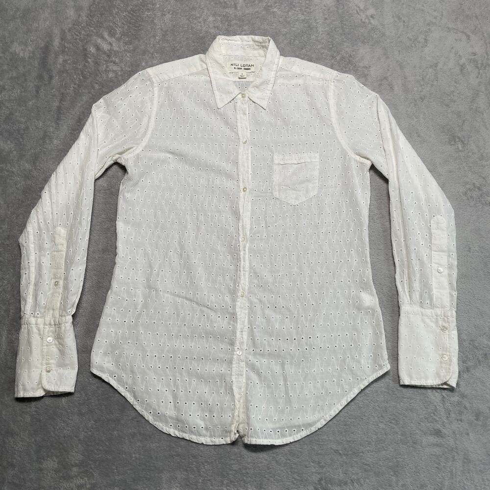 Nili Lotan Shirt Small White Eyelet Classic Capsule Button Up Quiet Luxury